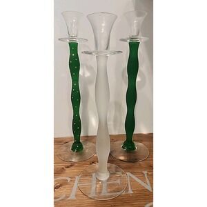 Set of 3 Orrefors‎ Anne Nilsson CELESTE Green & Gold Candle Holders